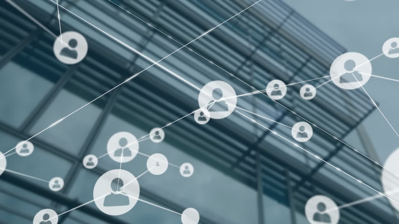 Network of connections and user icons animation over modern building background