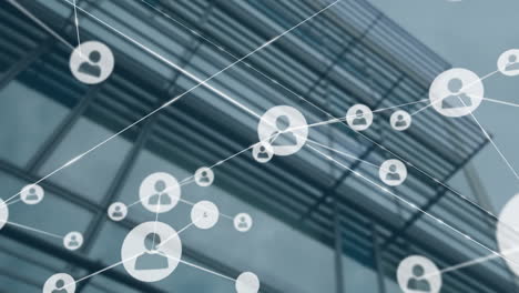 network of connections and user icons animation over modern building background