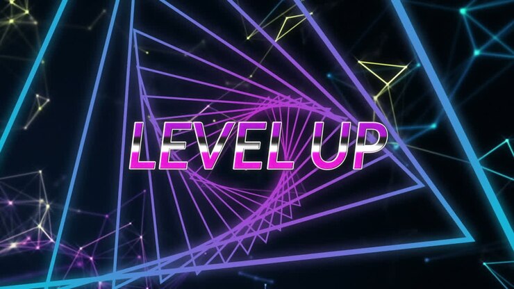 Purple level up text against purple triangles spinning in seamless motion on black background