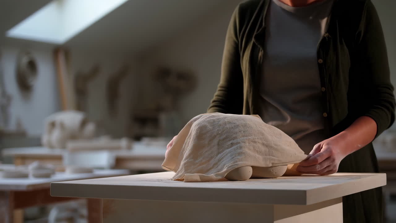 Artista che ricopre una scultura in argilla in uno studio