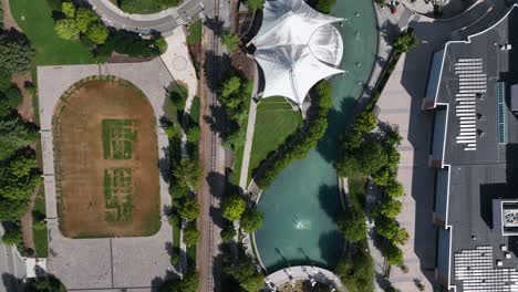 aerial view above the world's fair park, sunny, summer day in downtown knoxville, usa - top down, drone shot