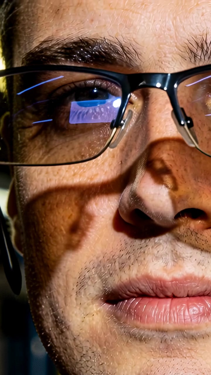 Close-up of Man's Eye with Screen Reflection in Glasses