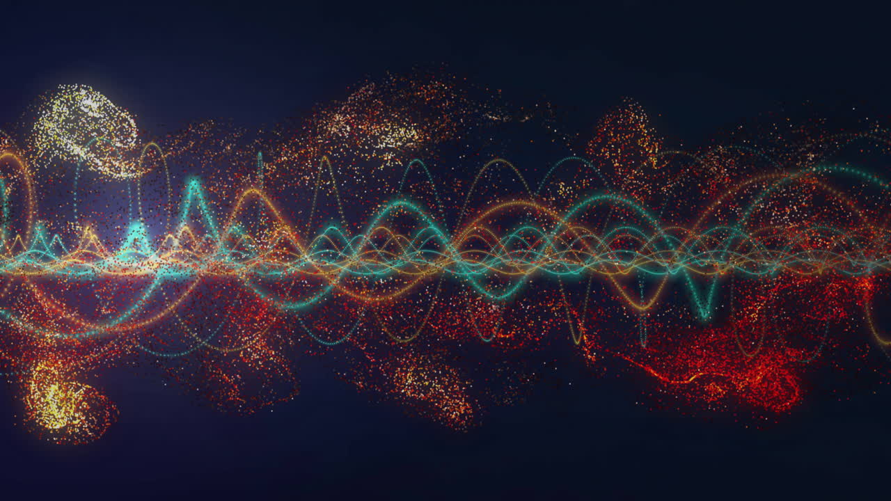 Animation of light trails and data processing over black background