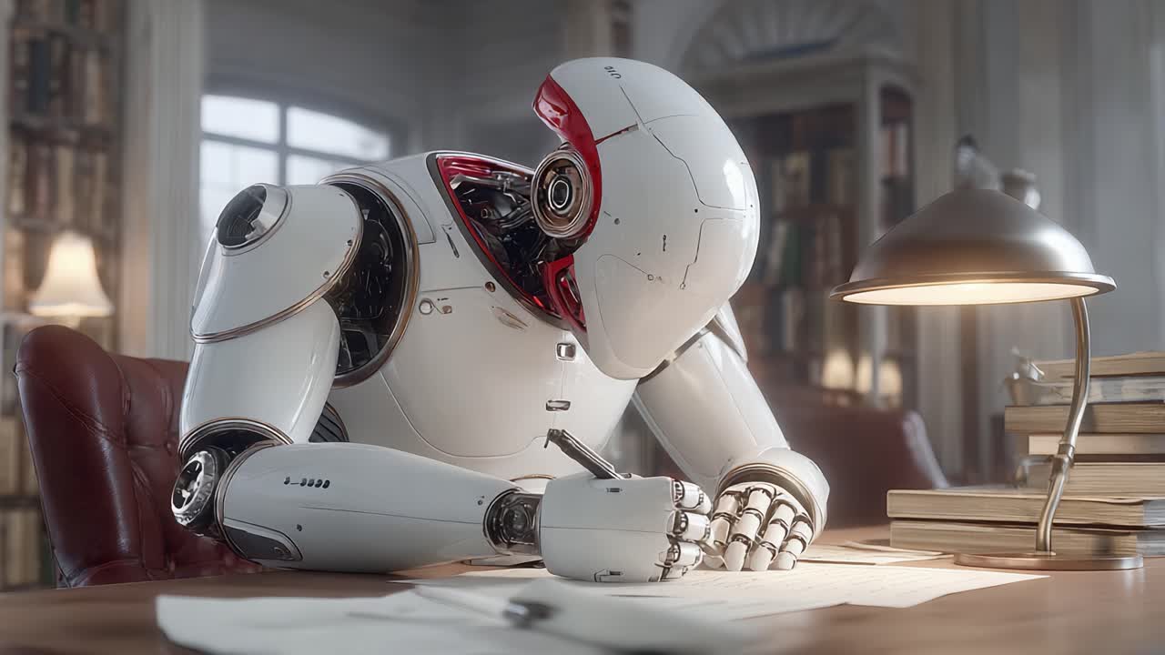 Un robot pensante impegnato nella scrittura creativa a una scrivania accogliente circondata da libri, illuminata dalla luce di una lampada vintage, catturando l'essenza dell'IA e della creatività
