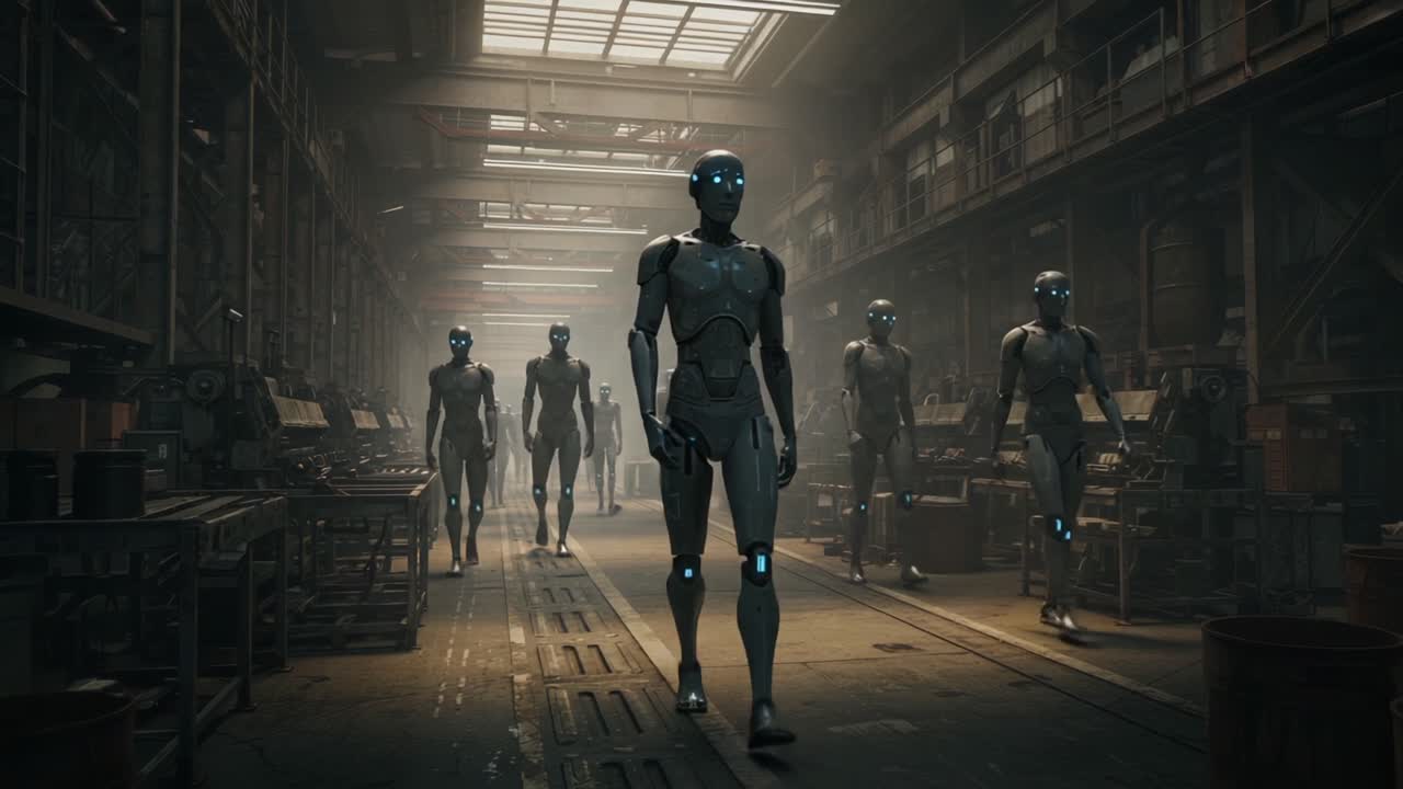 A group of advanced humanoid robots navigates a futuristic factory, showcasing cutting-edge technology and innovative design in an industrial setting with intricate machinery