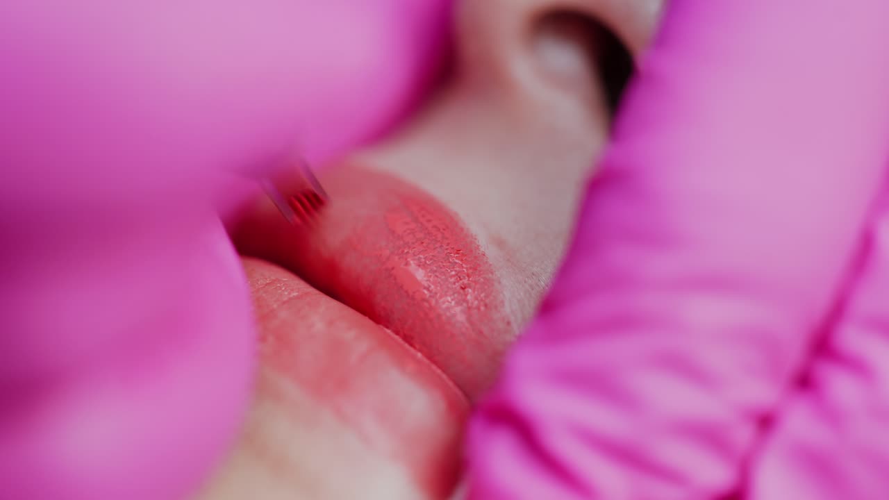 Cosmetologist applying permanent make up on lips, cropped photo. Beauty concept. Video of the process.
