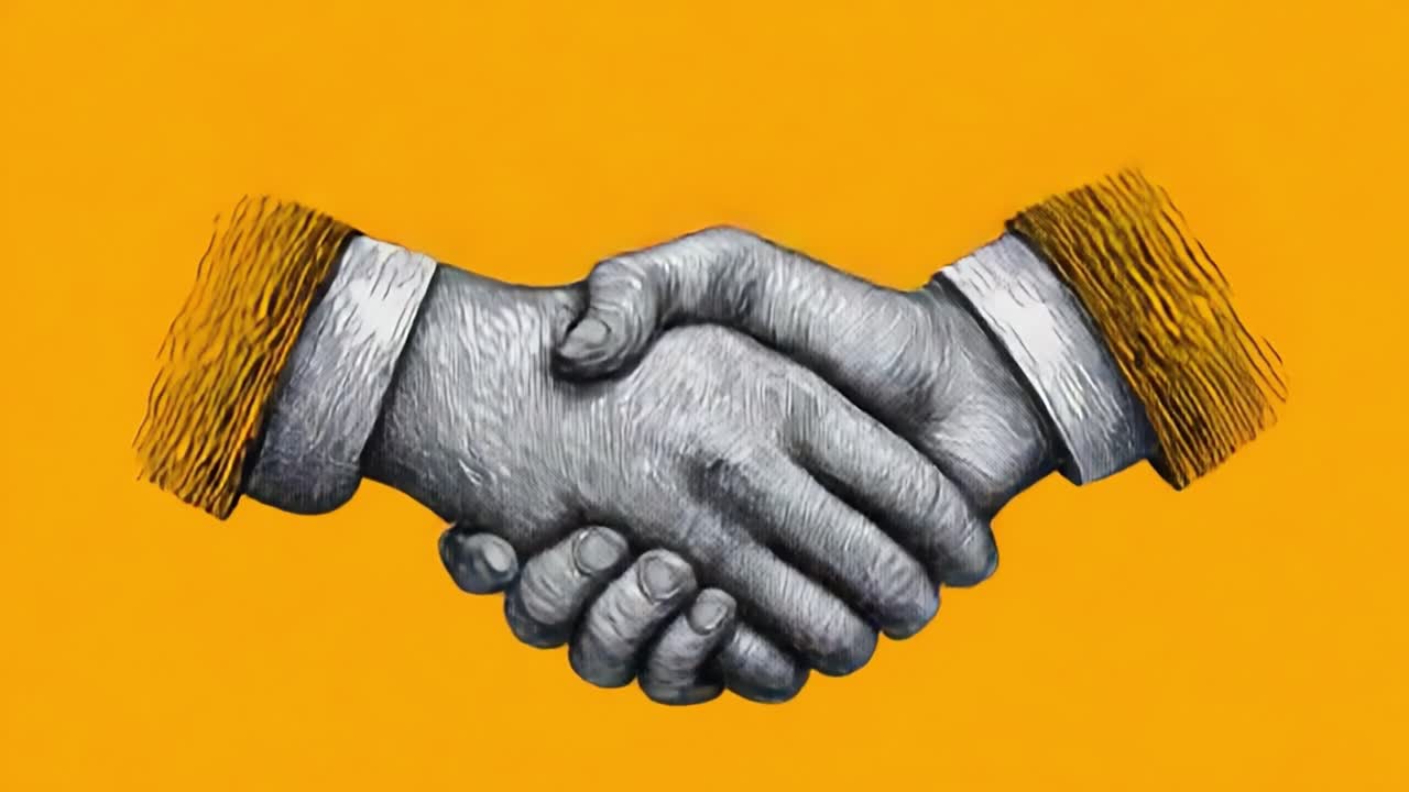 Two business partners shaking hands in an animated woodcut drawing style. A visual metaphor for closing a deal. Reaching an agreement. Successful partnership. Collaboration and business communication