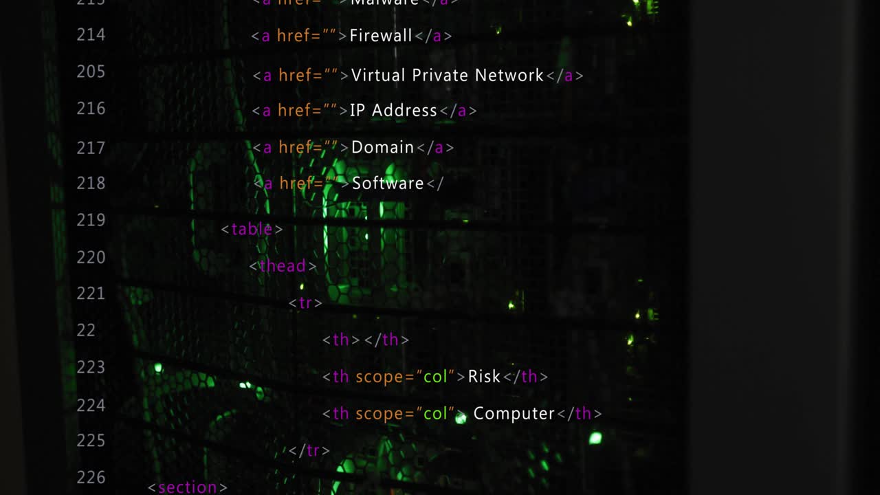 Upon server rack glowing green, HTML table head appearing and building cybersecurity page