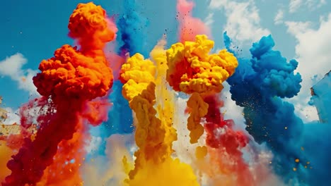 vibrant plumes of colorful smoke against a blue sky