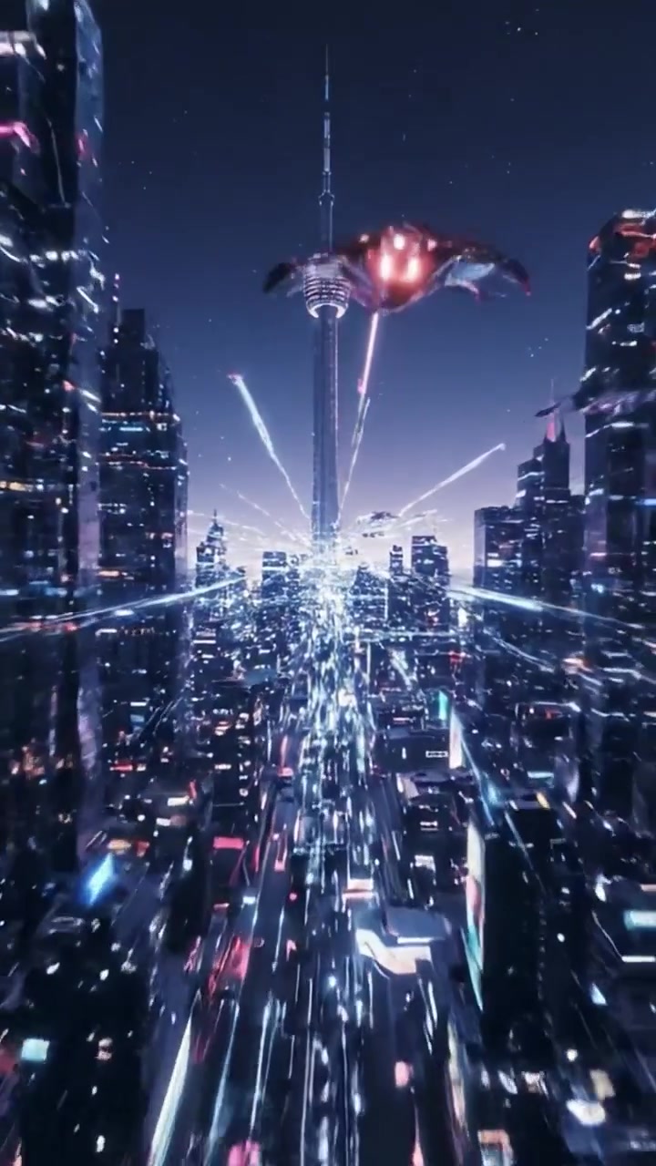 Paesaggio urbano futuristico: un viaggio dinamico attraverso luci al neon e tecnologia ad alta velocità che mostra l'energia fiorente di una metropoli urbana di notte.