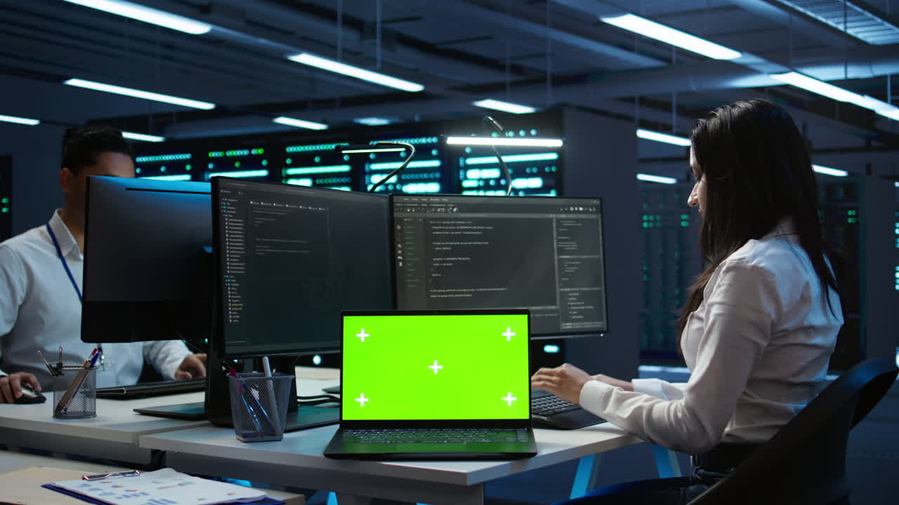 Programmierer im Rechenzentrum, der Datenbanken mit Chroma-Schlüssel-Notebook unterhält