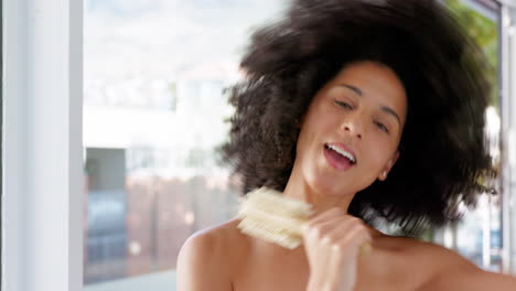 brush, karaoke and happy black woman singing