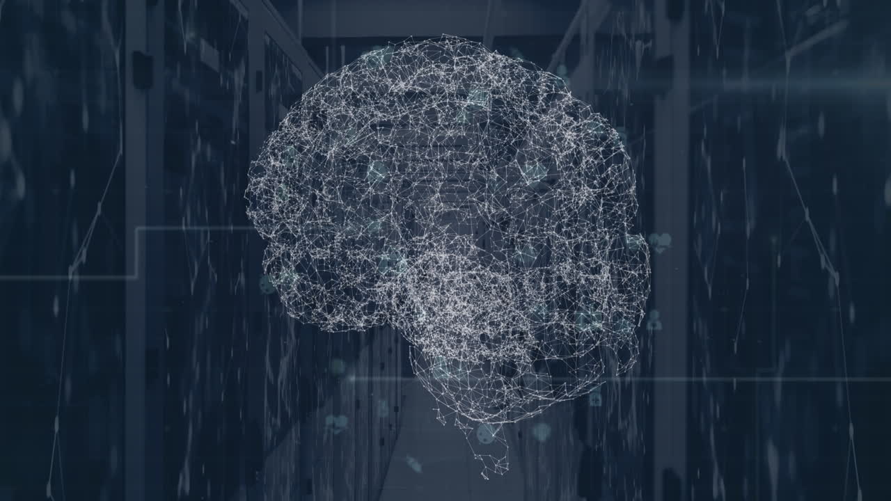 Animation of spinning human brain icons, light trails and network of connections against server room