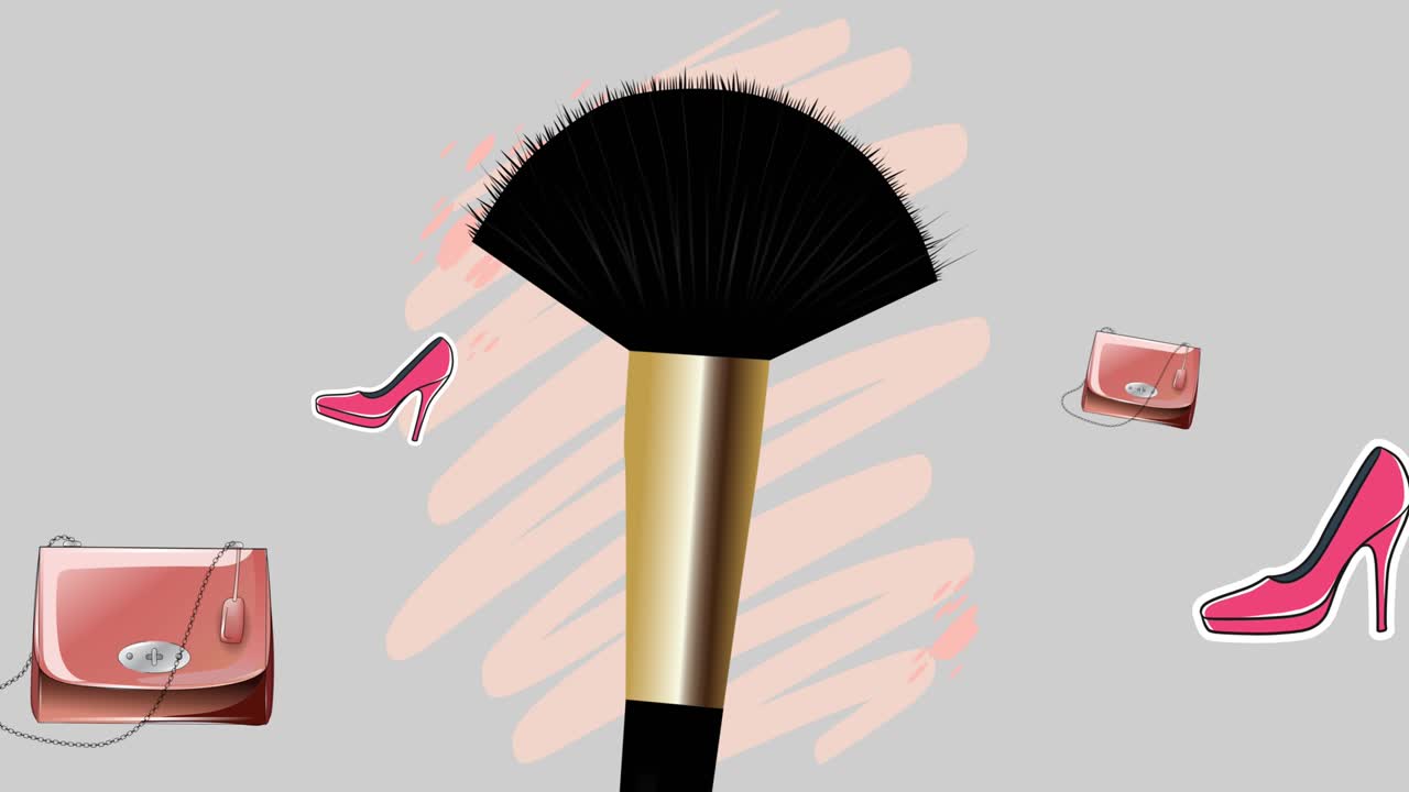 메이크업 브러시 위에 떨어지는 신발과 가방의 애니메이션