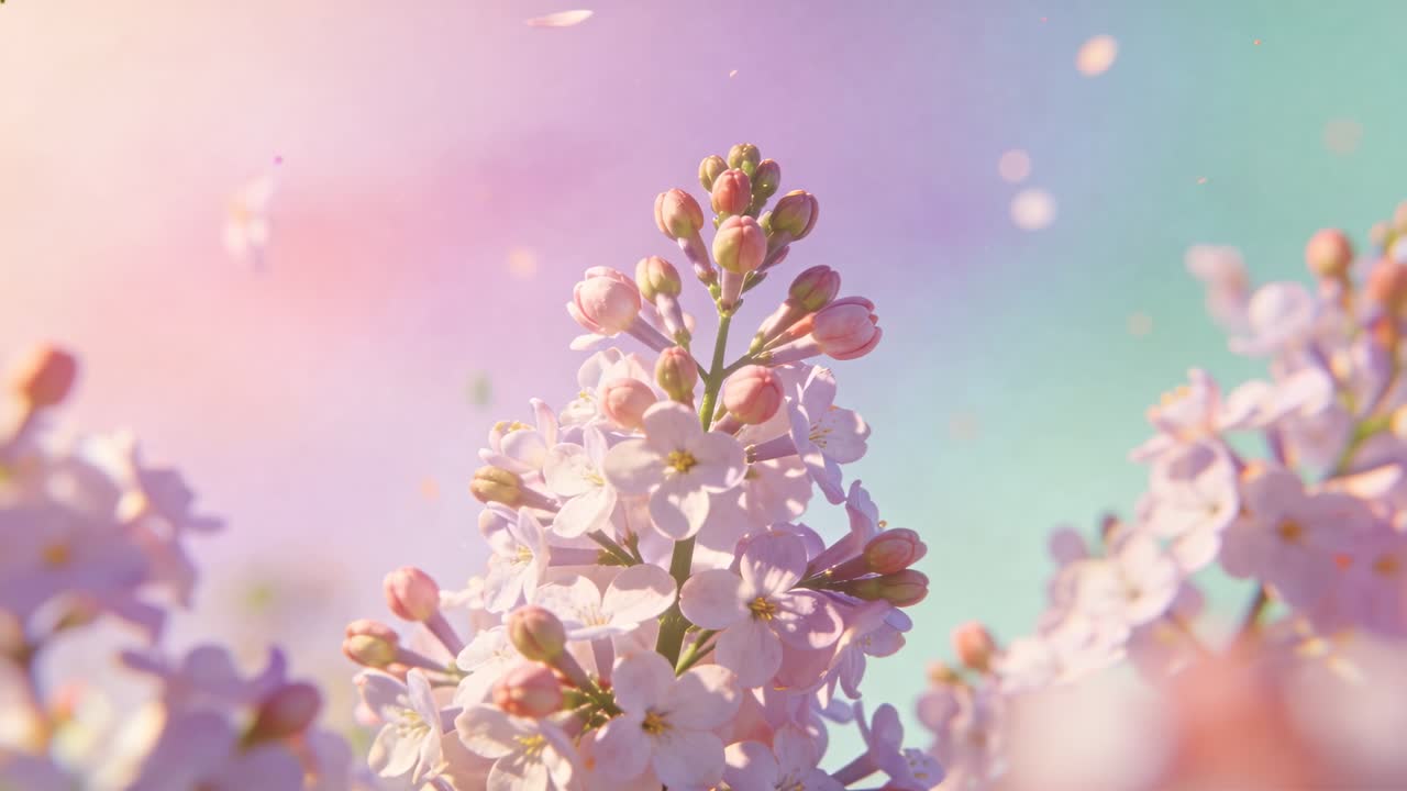 Light breeze stirring single pink blossom cluster shedding petals in garden closeup with pastel sky