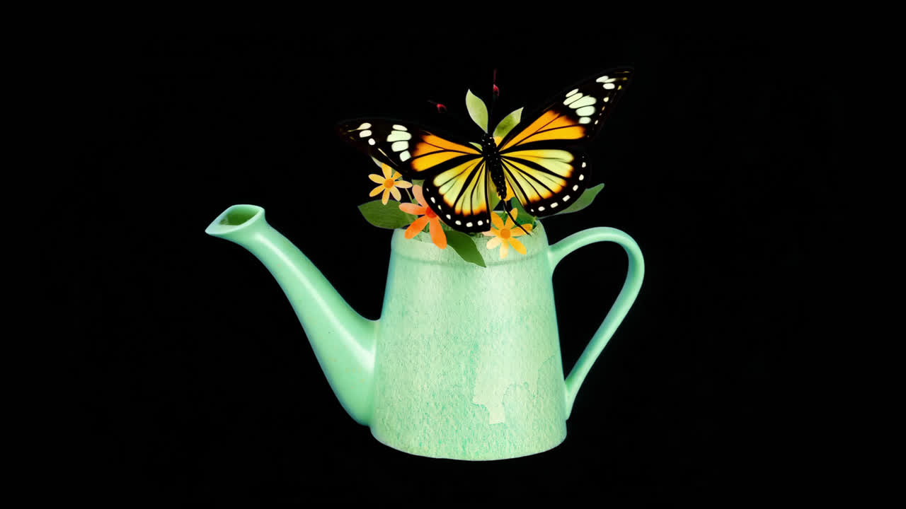 Whimsical watering can with flowers animation isolated asset, transparent 4K video, alpha channel