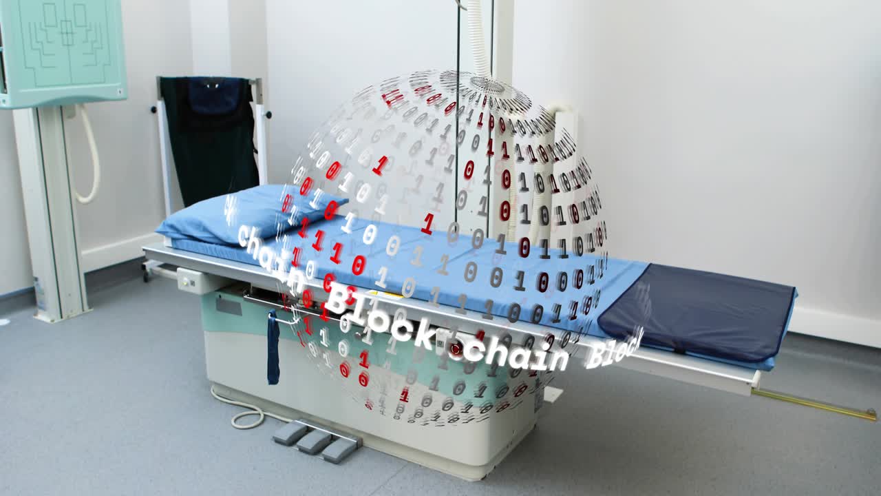 3D blockchain globe appearing above exam table rotating clockwise shifting right to show binary