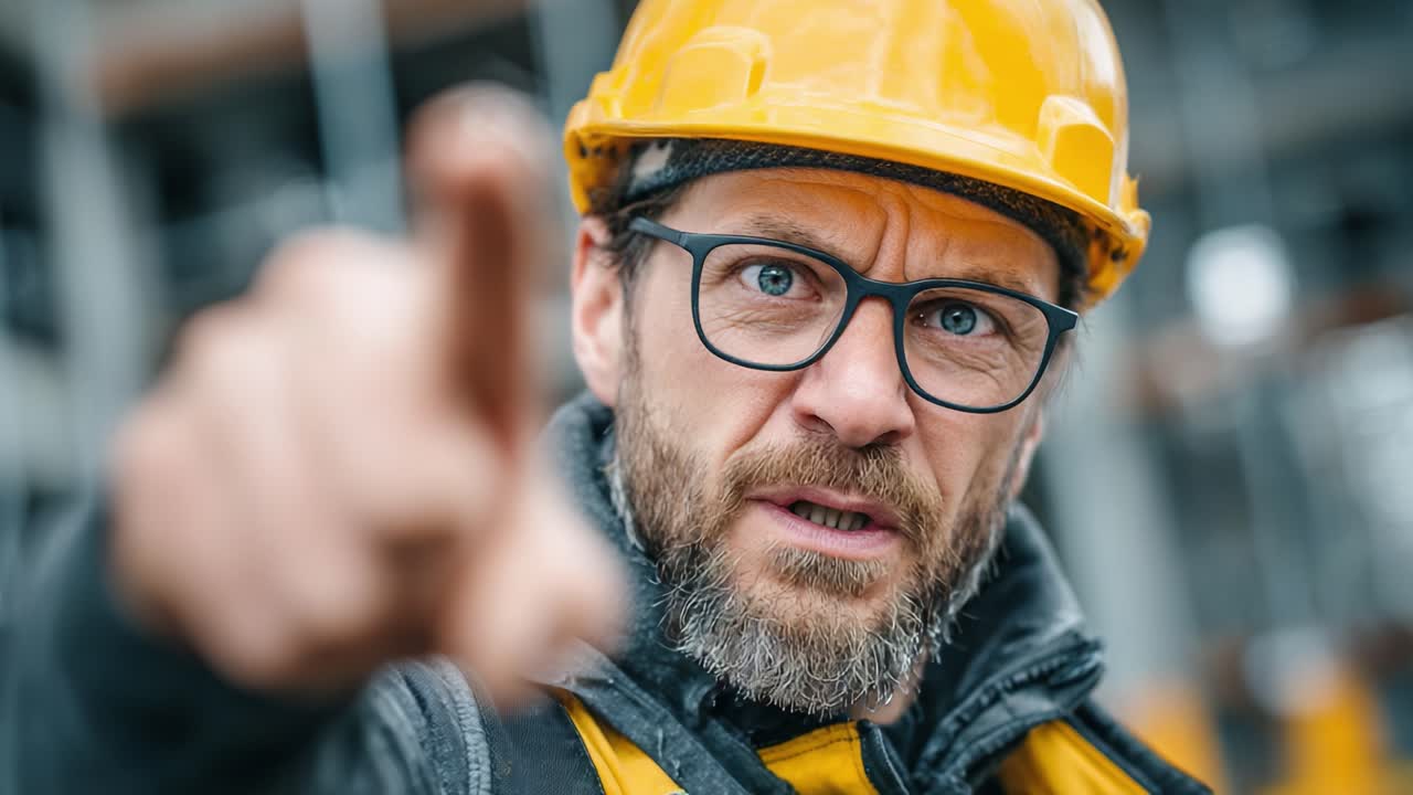 A Construction Worker with a Yellow Hard Hat and Glasses Points Aggressively, Demonstrating Authority on a Job Site amidst a Busy Construction Environment