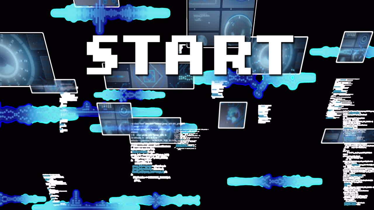 Animation of start in digital abstract space with screens