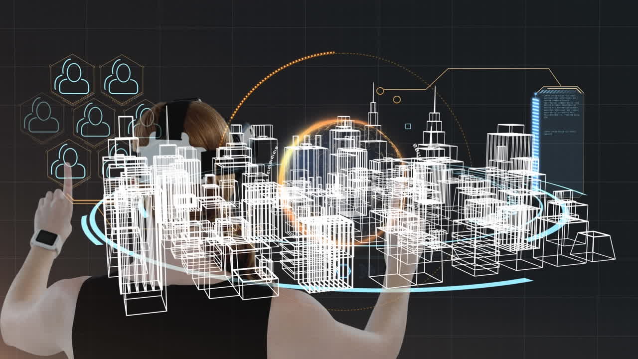 animación de una red de conexiones con iconos sobre una mujer con auriculares rover 3d cityscape