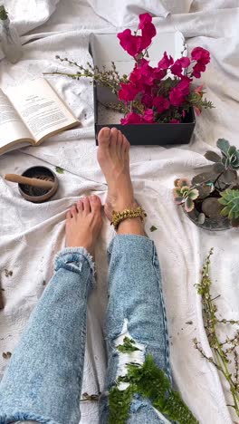 barefoot relaxation with flowers and plants