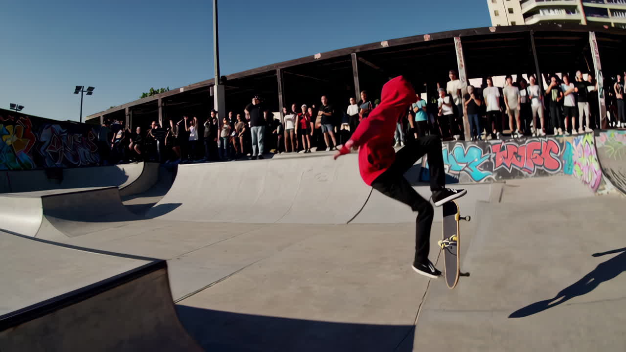 Skateboarder performs a dynamic trick in a bustling skatepark surrounded by spectators