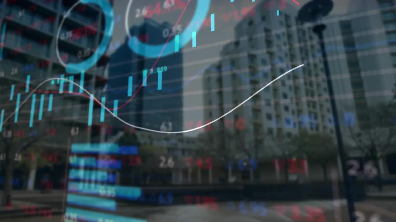 animación del procesamiento de datos estadísticos y bursátiles frente a la vista del paisaje urbano
