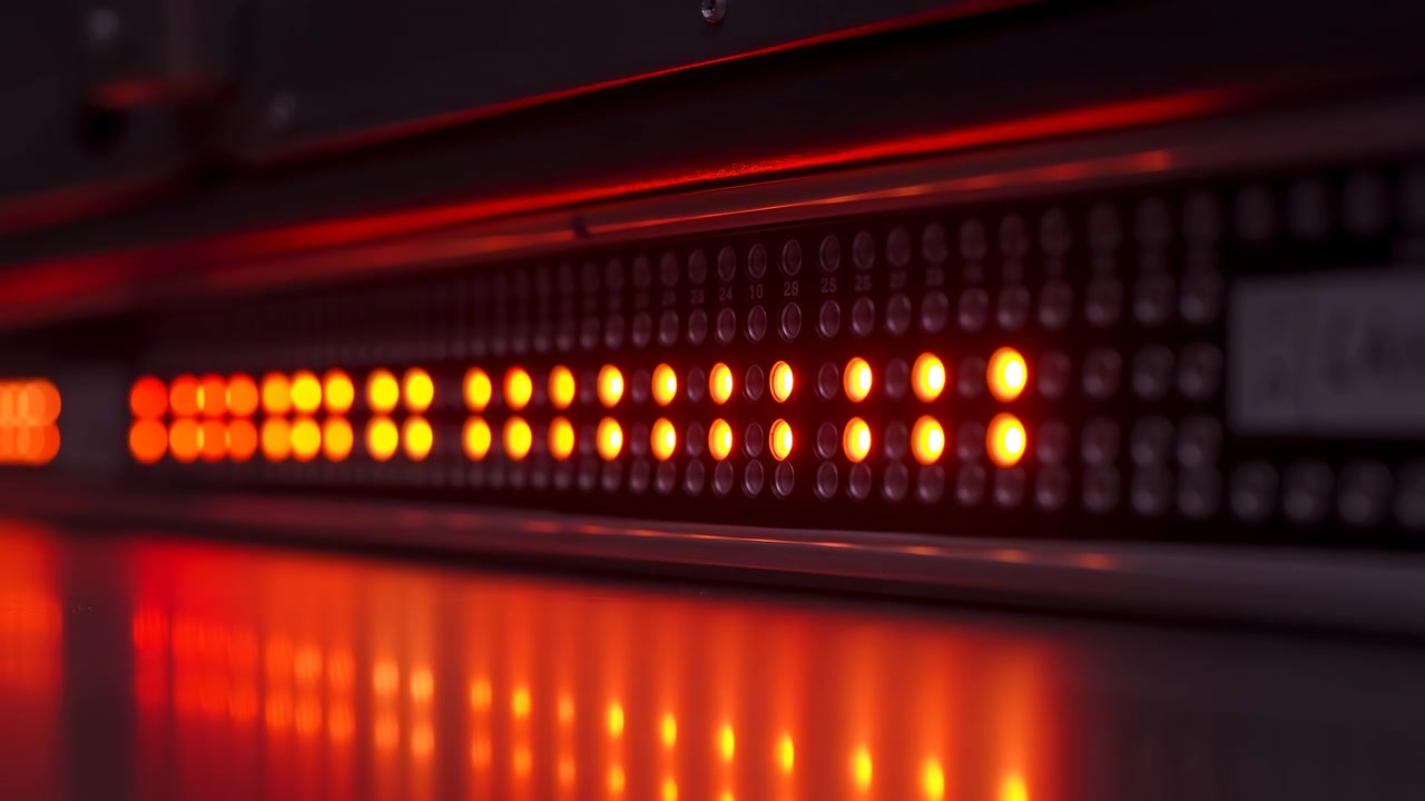 File di piccole spie luminose passano gradualmente dal verde all'ambra calda e al rosso su un pannello elettronico scuro, mentre i riflessi sottostanti e la messa a fuoco ridotta enfatizzano l'illuminazione mutevole