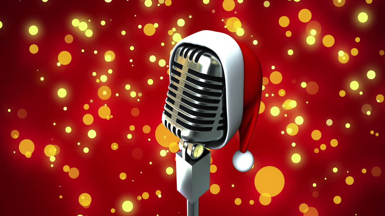 Animation of microphone with santa hat over yellow spots