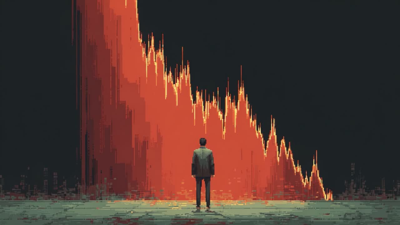 A lone figure stands in awe before a dramatic decline in a vivid graph, representing the turbulence of financial markets and the challenges faced in times of uncertainty