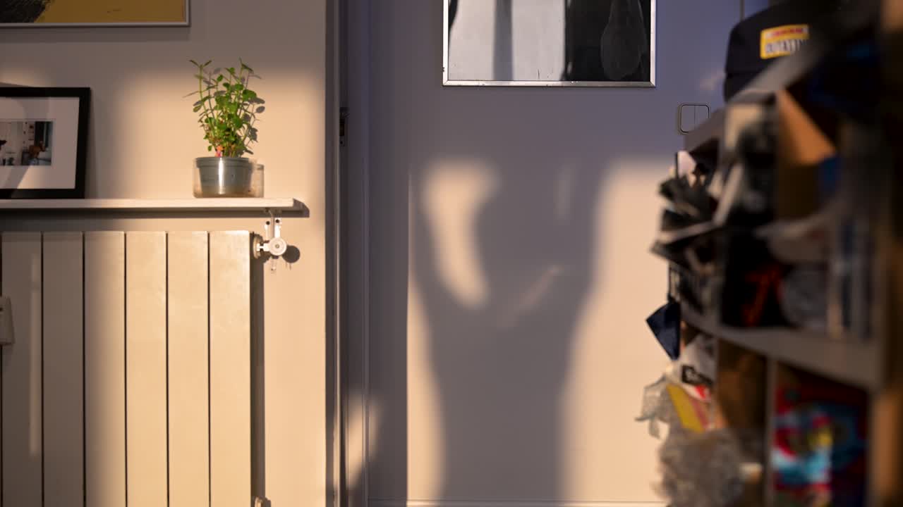 The shadow of a person lifting dumbbells is cast on a wall, illuminated by warm, golden-hour sunlight. A motivational scene of a home workout, fitness, and a healthy lifestyle