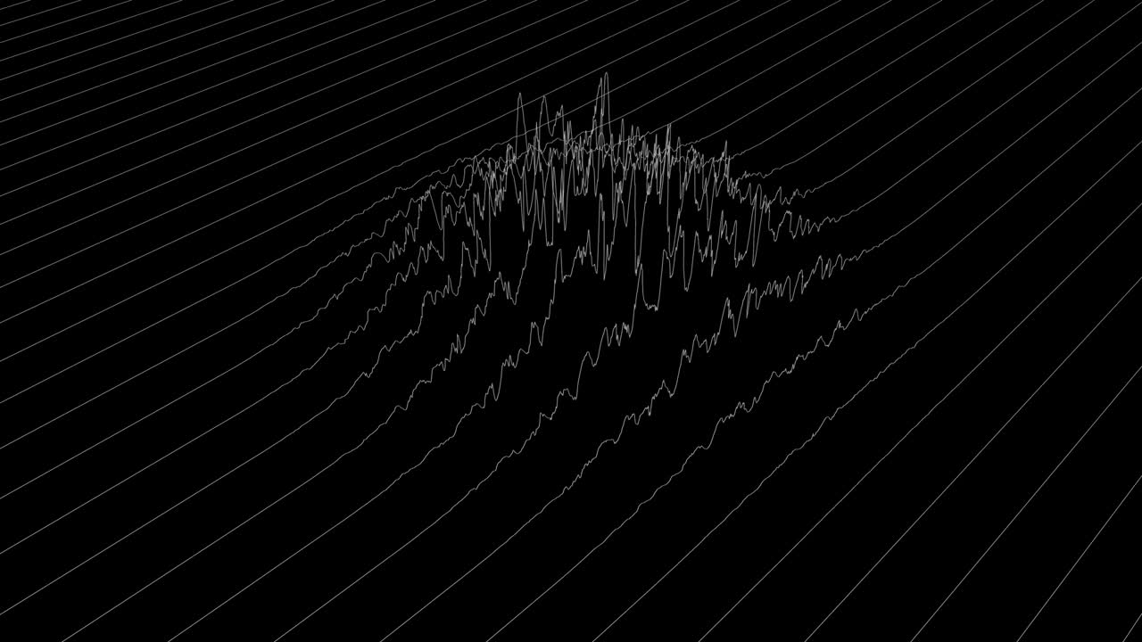 White lines forming distorted field visualization on black background. Abstract CG animation, isometric view. 3D rendering.