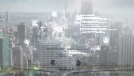 Animation-of-network-of-connections-with-globe-over-cityscape