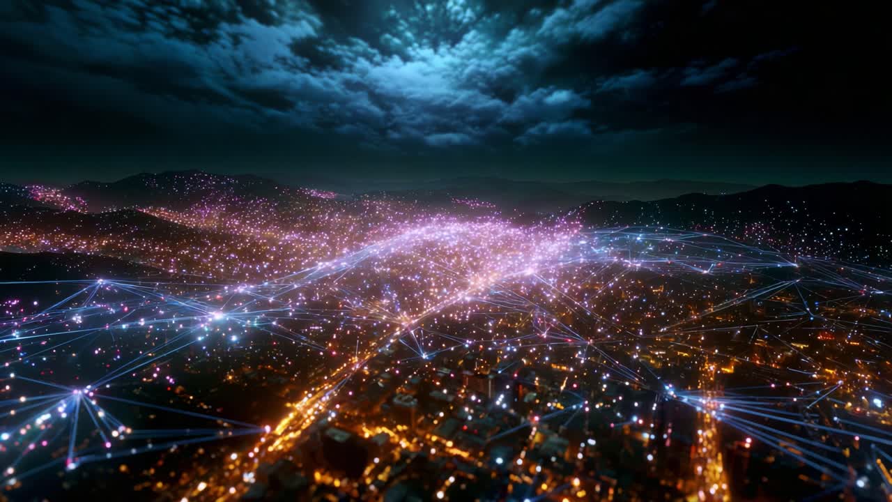 A Stunning Aerial View of a Vibrant City at Night, Illuminated by a Web of Connectivity and Colorful Lights, Showcasing a Beautiful Fusion of Modern Technology and Urban Aesthetics Under a Dramatic Sky