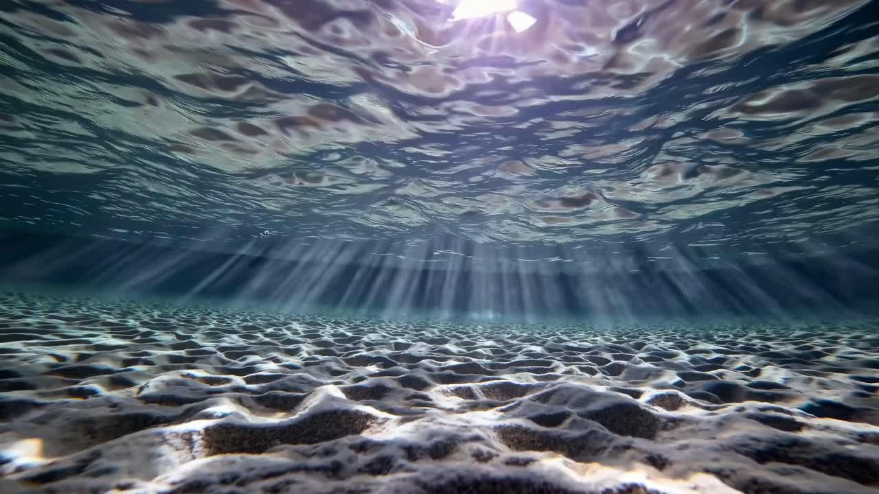 Underwater video shot at a low angle, capturing sunlight filtering through rippling waves