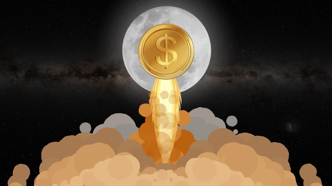 A dollar coin ascends like a rocket towards the moon, symbolizing financial growth and ambition in a dynamic animation