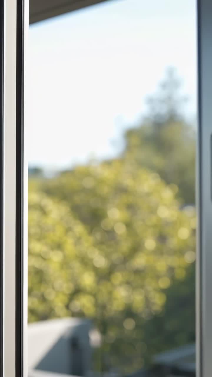 Vertical video: Pulling handle, sliding glass door shifting left inside house, revealing yard