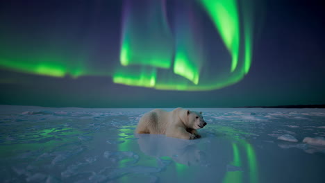 polar bear under the northern lights