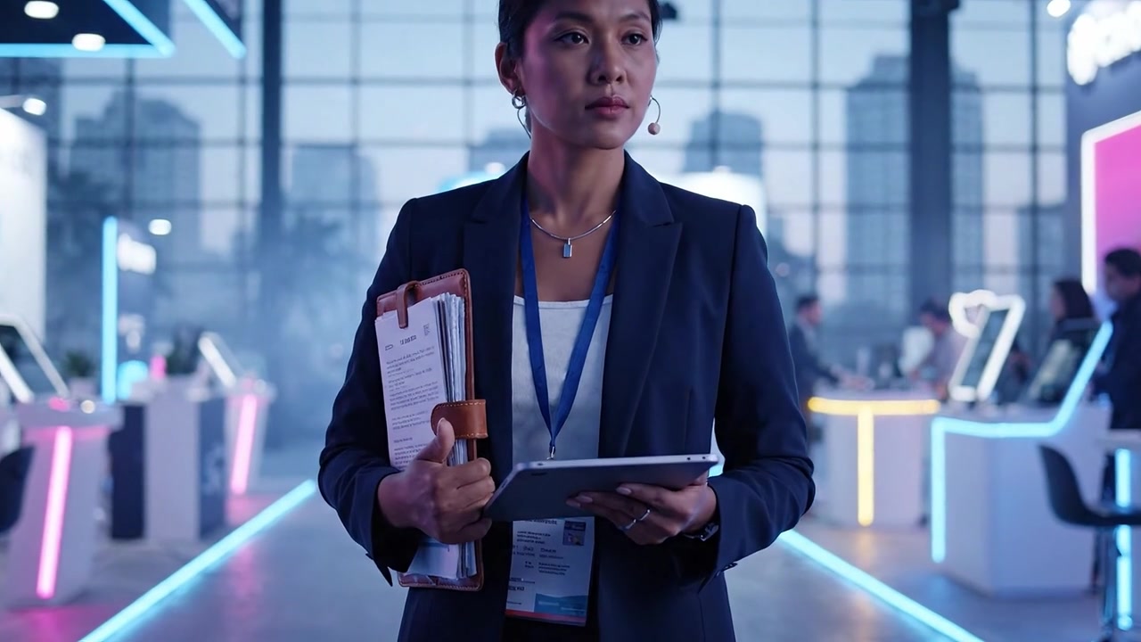 Una professionista concentrata si trova in una moderna sala espositiva, con in mano un tablet e una cartella, immersa in un'atmosfera tecnologica vibrante con display innovativi intorno a lei.