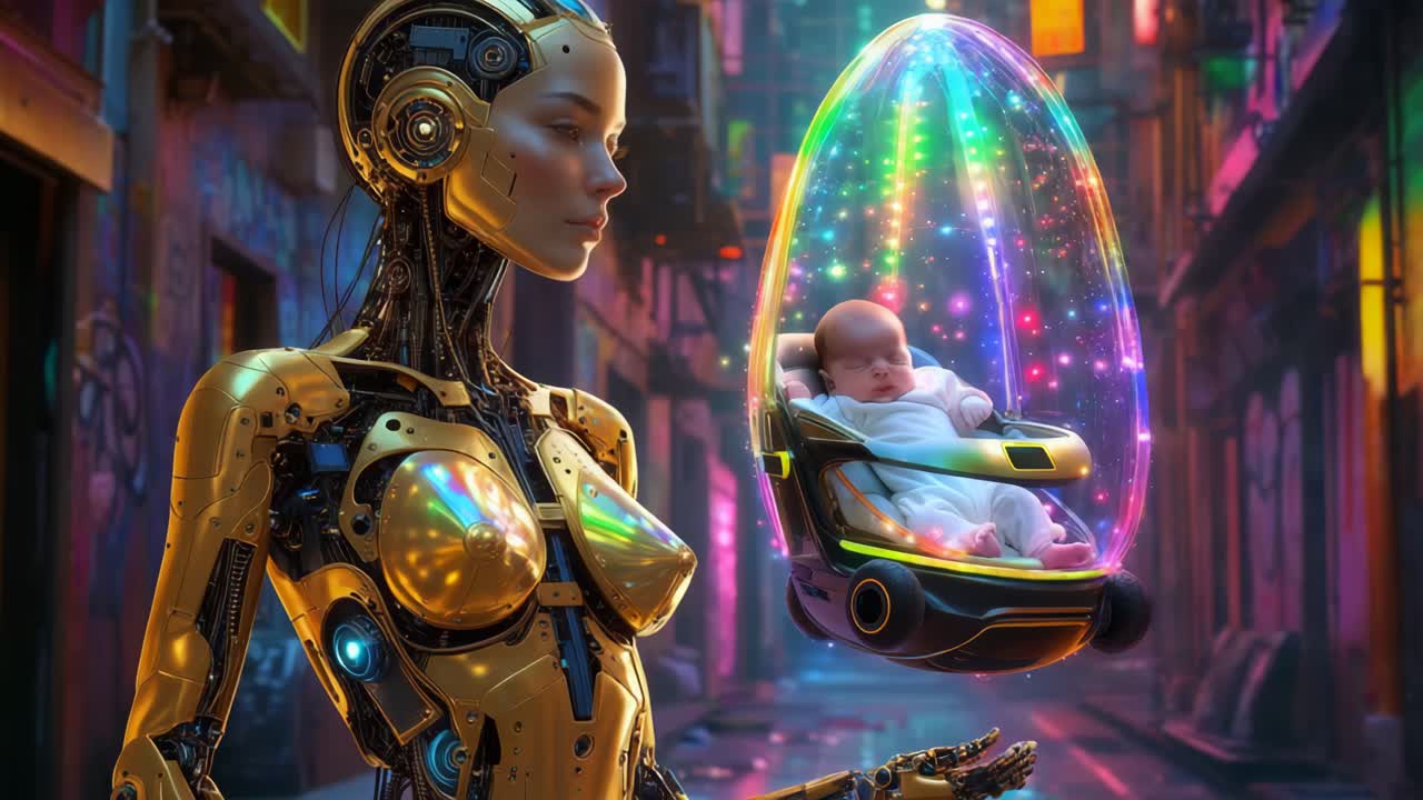madre robot dorata con il bambino in una città futuristica