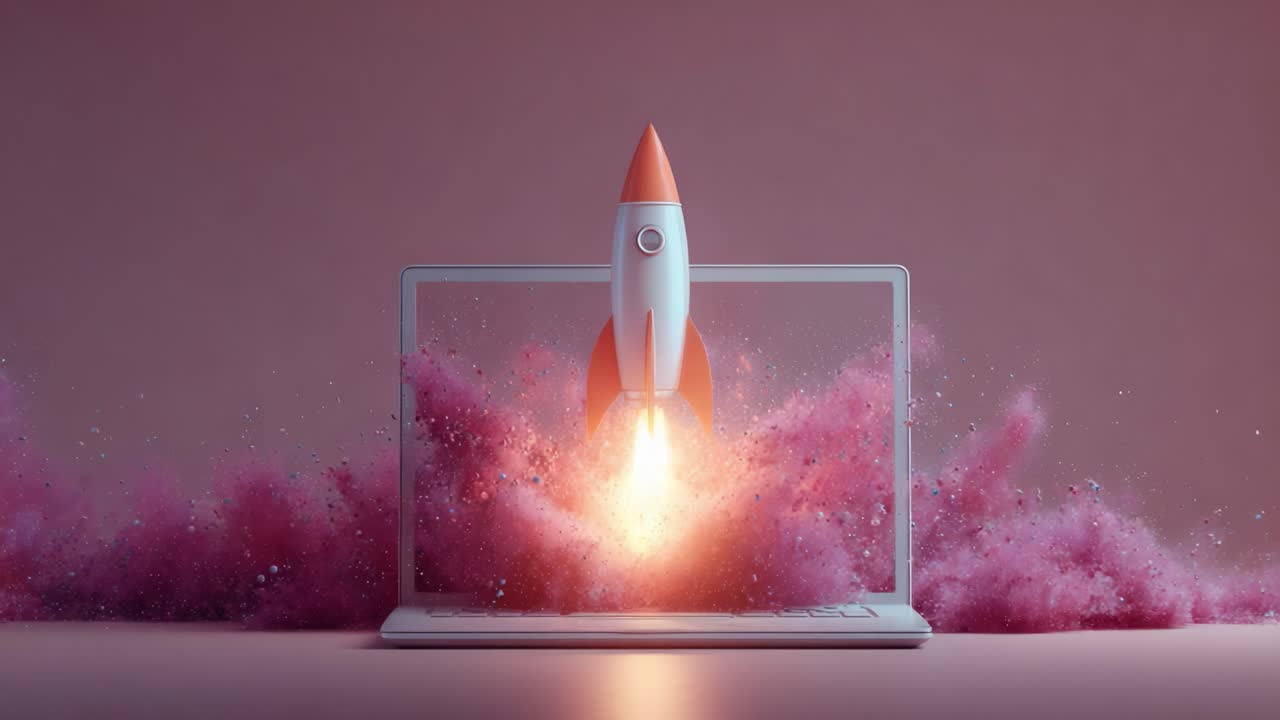 An Innovative Concept of a Rocket Launching from a Laptop Screen, Symbolizing the Fusion of Technology and Creativity Amidst Colorful Clouds of Pink Smoke