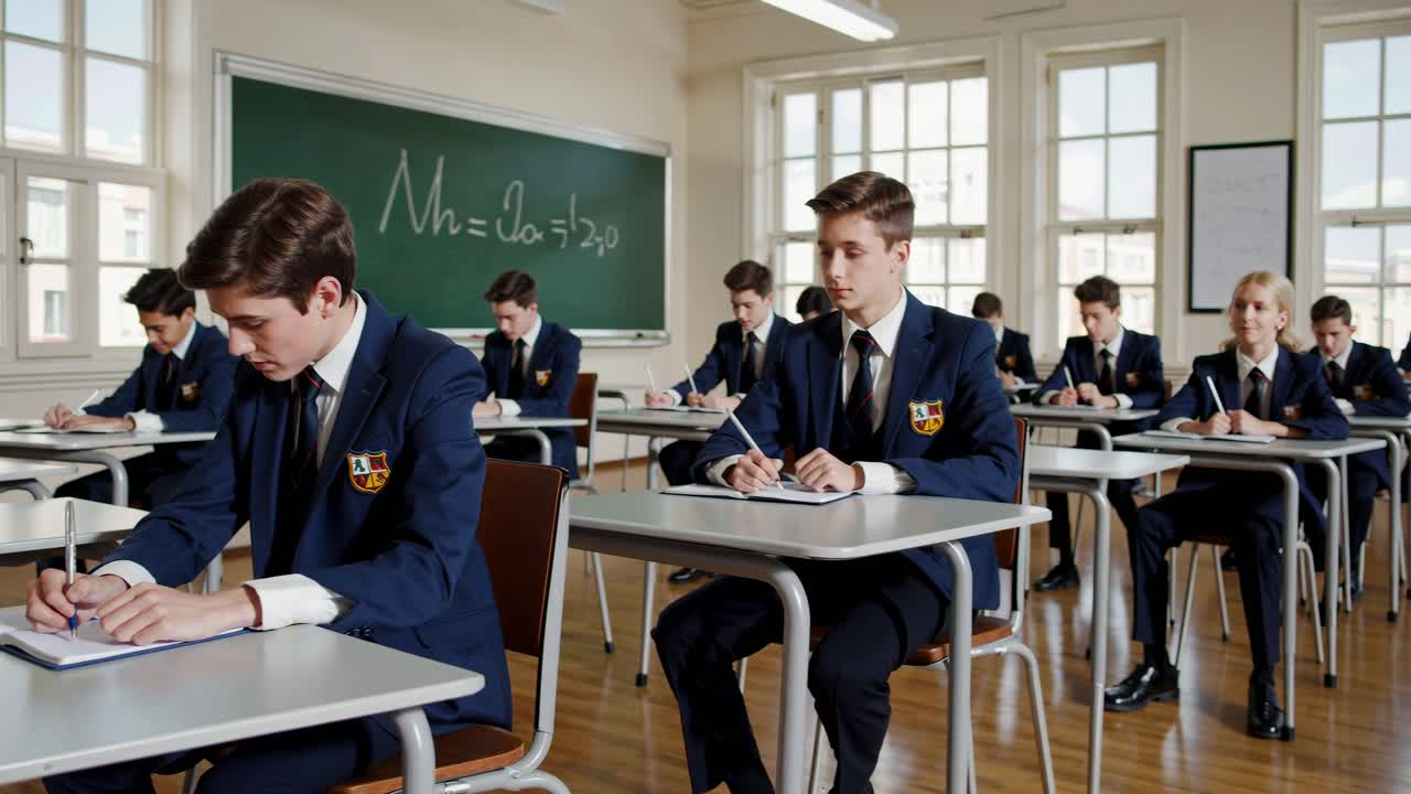Záběr z videa studentů v uniformách, kteří píší zkoušku ve třídě