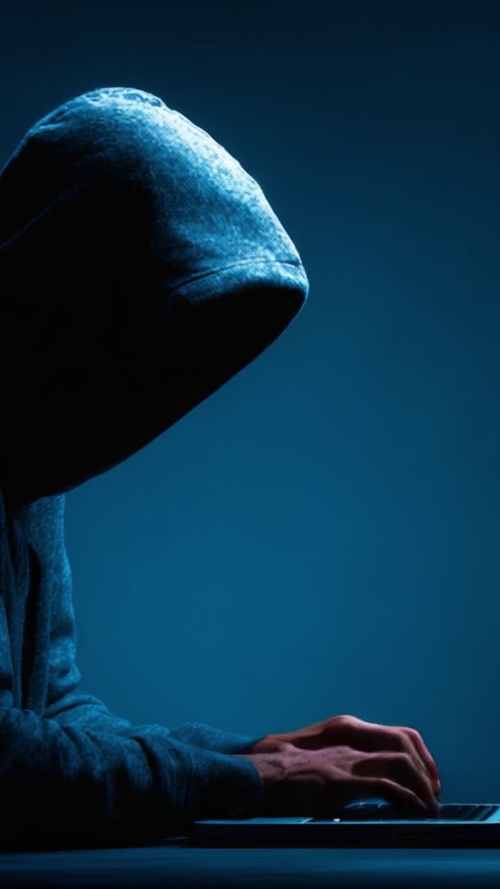 Una figura misteriosa impegnata in attività cibernetiche sotto una luce fioca, illuminando l'atmosfera inquietante di intrigo digitale e anonimato in una stanza oscurata.