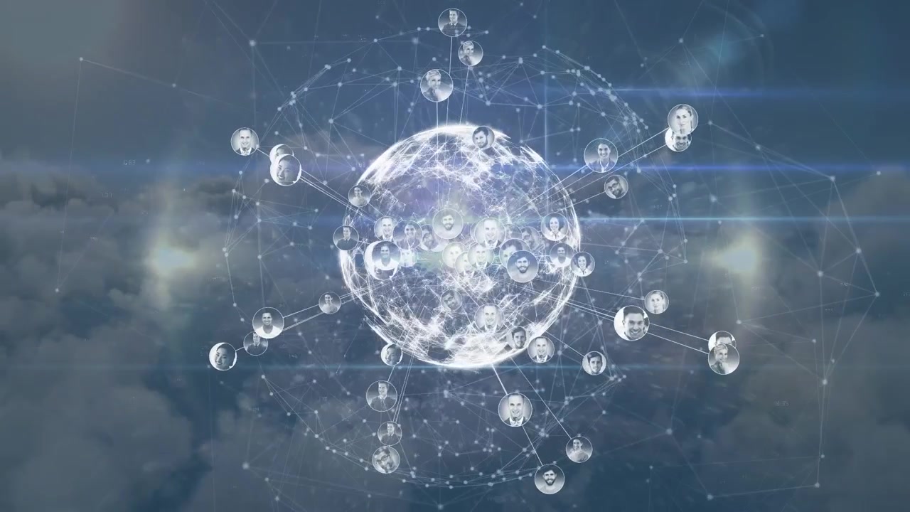帶人物照片的連接網絡動畫，背景為地球儀、天空和雲朵