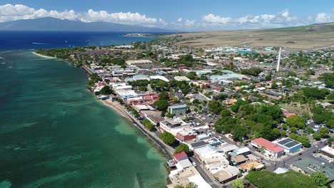 Cinematic-Aerial-Shot-of-the-Historic-Front-Street-in-Lahaina-Maui,-Prior-to-being-completely-burned-down-in-the-2023-Maui-Fires