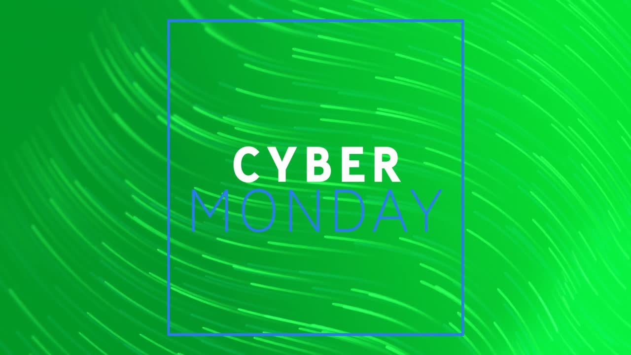 Animasi spanduk teks Cyber Monday di atas jejak cahaya bergerak dengan latar belakang hijau
