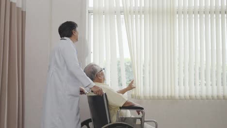 doctor and old asian man sits in a wheelchair and looks out the window. health care and insurance, retirement concept