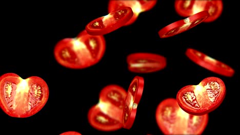 sliced pieces of tomato falling on black background, seamless loop, cg