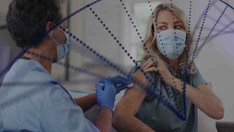 animation of spots over african american female doctor vaccinating patient