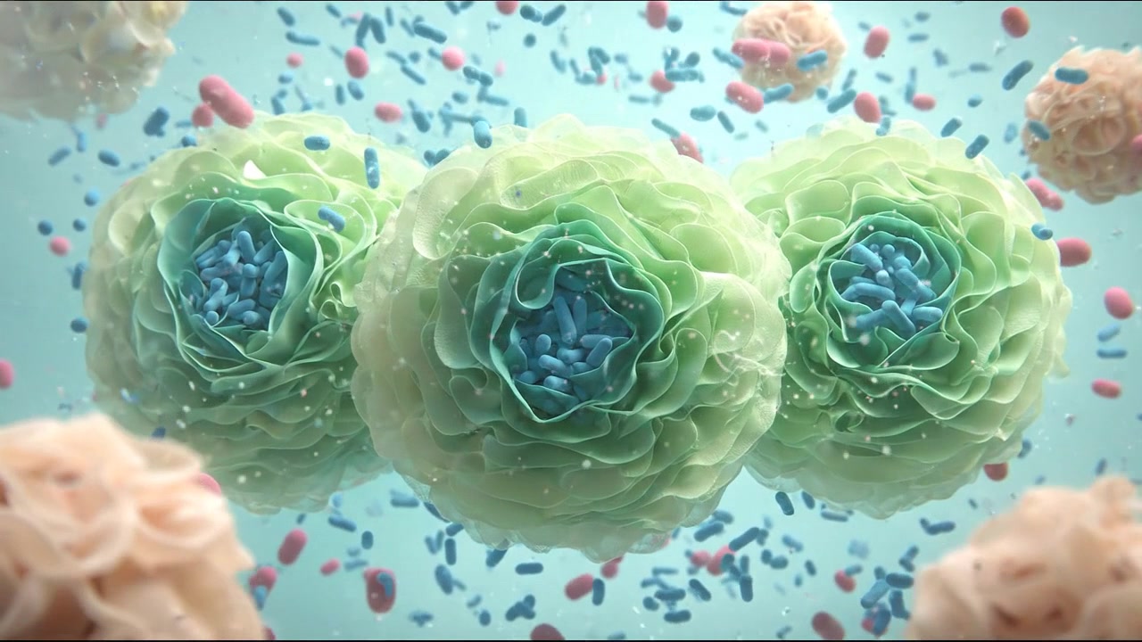 Grønne biologiske celler som bryter opp i partikler i en vitenskapelig visualisering